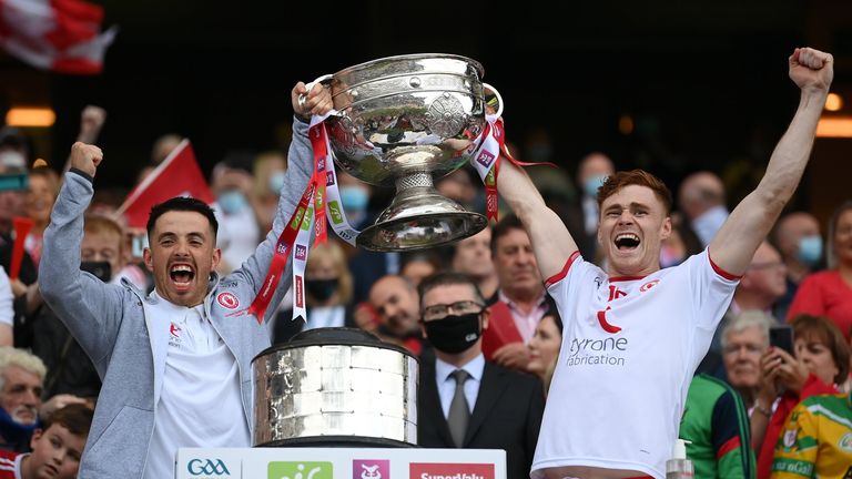 11 September 2021; Ronan O'Neill, left, and Conor Meyler of Tyrone lift the Sam Maguire Cup following the GAA Football All-Ireland Senior Championship Final match between Mayo and Tyrone at Croke Park in Dublin. Photo by Stephen McCarthy/Sportsfile
