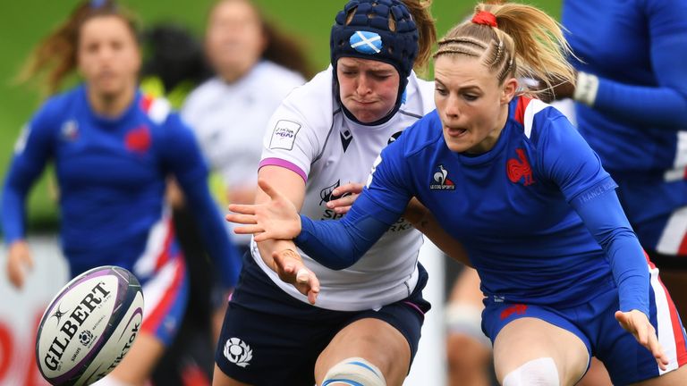 Sarah Bonar and Chloe Jaquet in action during a TikTok Women's Six Nations match between Scotland and France