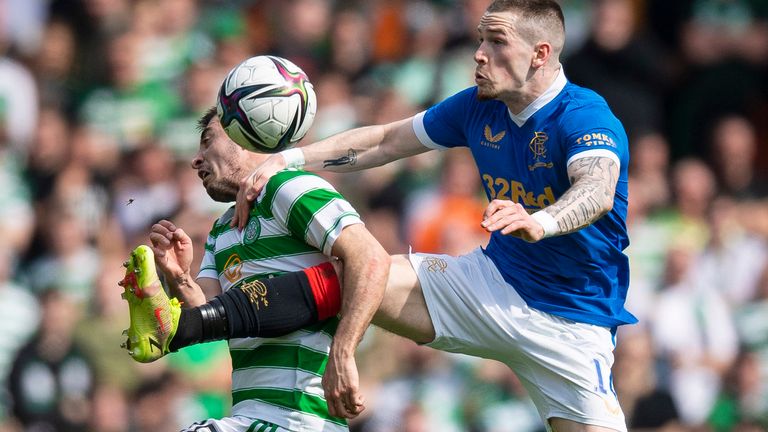 Rangers&#39; Ryan Kent and Celtic&#39;s Josip Juranovic during a Scottish Cup Semi-Final between Celtic and Rangers at Hampden Park