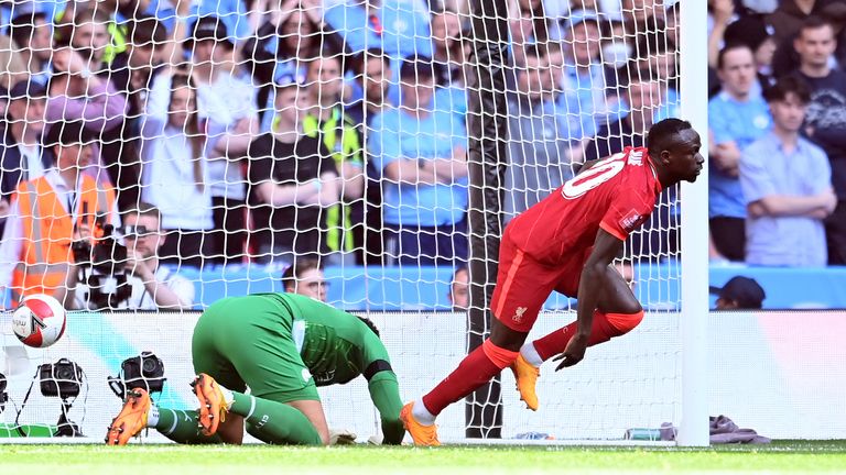 Sadio Mane celebrates after Zack Steffen&#39;s error allows him to put Liverpool 2-0 up at Wembley