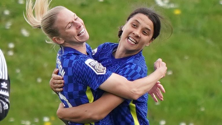 Sam Kerr celebrates after giving Chelsea the lead