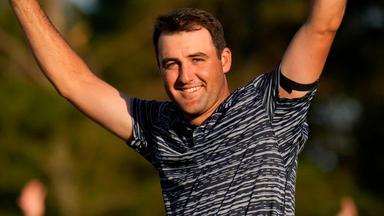 Scottie Scheffler celebrates after winning the 86th Masters golf tournament on Sunday, April 10, 2022, in Augusta, Ga. (AP Photo/Matt Slocum)