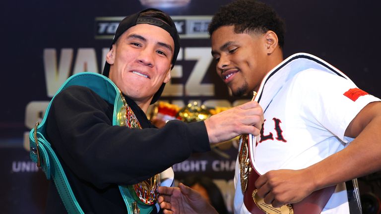 Oscar Valdez (L) and Shakur Stevenson (R) face-off during the press conference prior to their WBC and WBO junior lightweight championship at MGM Grand Garden Arena (Photo by Mikey Williams/Top Rank Inc via Getty Images)
