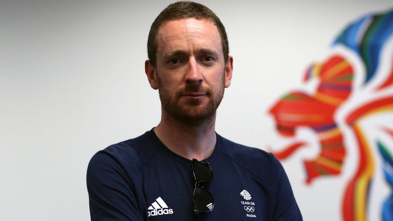 Great Britain&#39;s Sir Bradley Wiggins poses for a photo in the BOA offices at he Olympic Park on the eighth day of the Rio Olympics Games, Brazil.