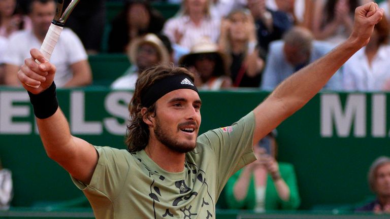 Stefanos Tsitsipas of Greece, celebrates as he defeats Alexander Zverev, of Germany, during their semifinal match of the Monte-Carlo Masters tennis tournament, Saturday, April 16, 2022 in Monaco. Tsitsipas won 6-4, 6-2. (AP Photo/Daniel Cole)