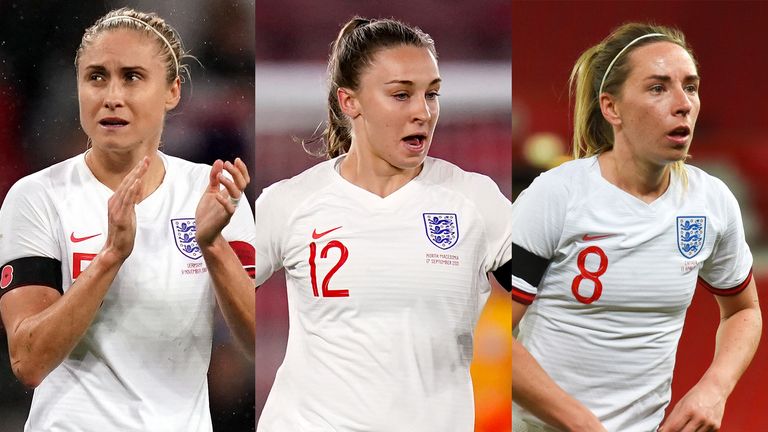 England's Steph Houghton, Niamh Charles and Jordan Nobbs