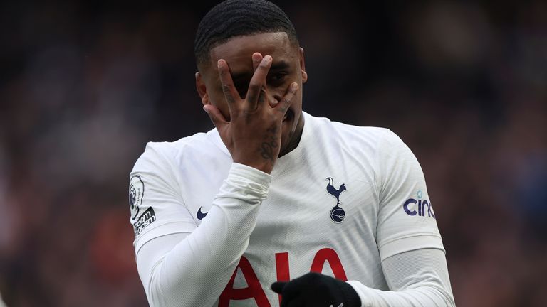 Tottenham&#39;s Steven Bergwijn celebrates after scoring his side&#39;s fifth goal