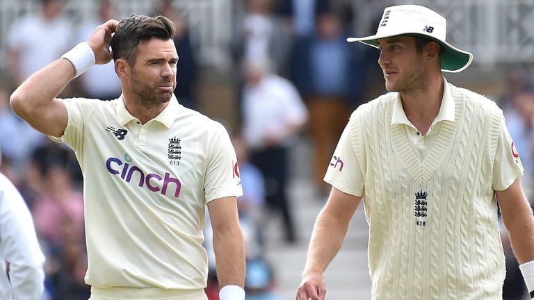 James Anderson and Stuart Broad during day three of the first Test Match between England and India at Trent Bridge cricket ground in Nottingham, England, Friday, Aug. 6, 2021. (AP Photo/Rui Vieira)..