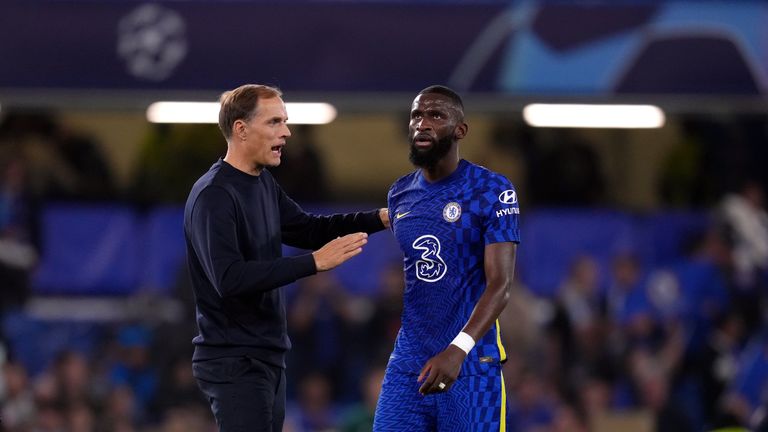 Chelsea manager Thomas Tuchel and Antonio Rudiger after the UEFA Champions League, group H match at Stamford Bridge, London.