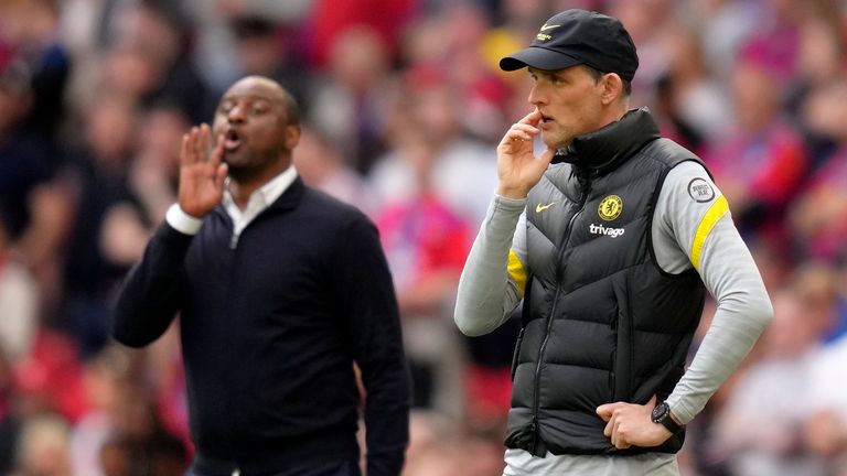 Thomas Tuchel and Patrick Vieira stand by the touchline (AP)