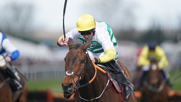 Three Stripe Life wins the Mersey Novices' Hurdle at Aintree