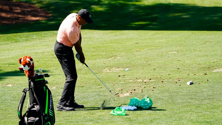 Tiger Woods practises at Augusta National on Sunday ahead of The Masters