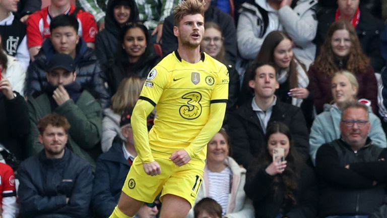 Chelsea's Timo Werner celebrates scoring their side's third goal of the game at Southampton