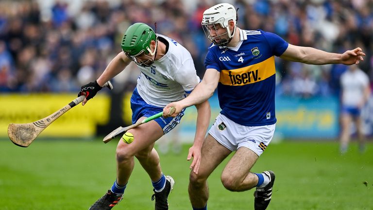 17 April 2022; Michael Kiely of Waterford is tackled by Craig Morgan of Tipperary during the Munster GAA Hurling Senior Championship Round 1 match between Waterford and Tipperary at Walsh Park in Waterford. Photo by Brendan Moran/Sportsfile