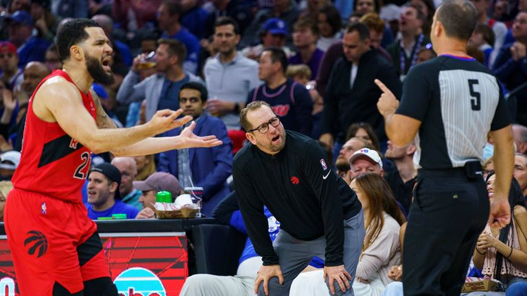 Fred VanVleet and Nick Nurse dispute an official's call during Game 1 against the Philadelphia 76ers