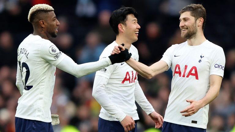 Ben Davies, right, Emerson Royal, left, and Heung-Min Son celebrate after Spurs beat Newcastle