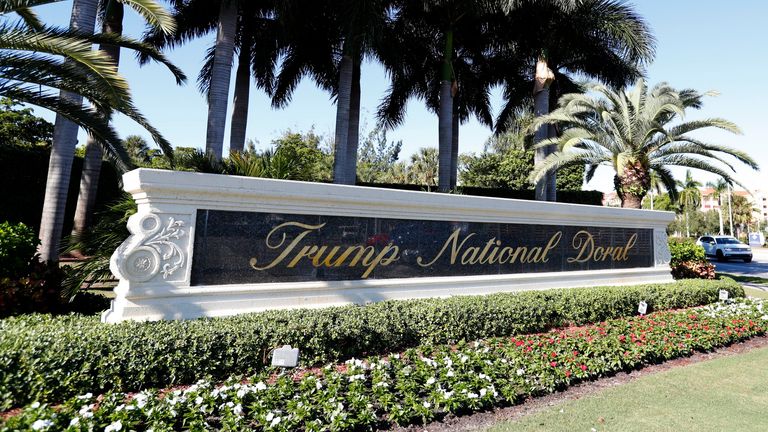 The entrance to the Trump National Doral resort is shown, Wednesday, Nov. 20, 2019, in Doral, Fla. (AP Photo/Wilfredo Lee)