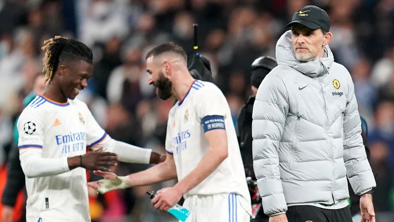 Chelsea manager Thomas Tuchel watches as Real Madrid celebrate their place in the Champions League semi-finals