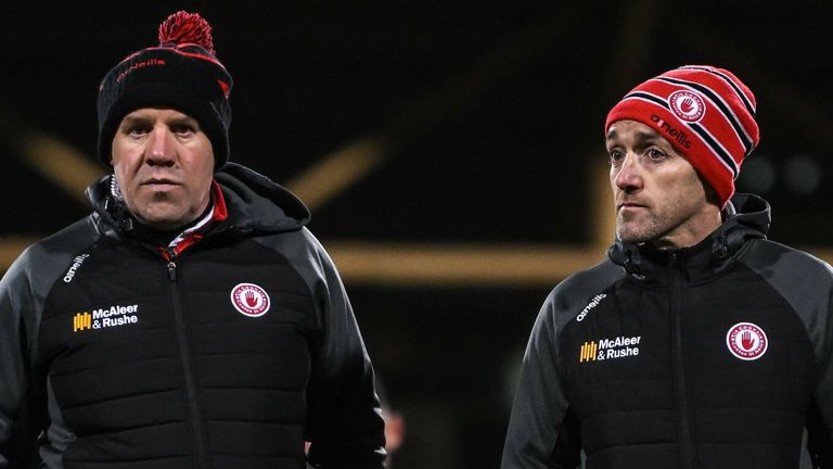 26 February 2022; Tyrone joint-managers Feargal Logan, left, and Brian Dooher after the Allianz Football League Division 1 match between Donegal and Tyrone at MacCumhaill Park in Ballybofey, Donegal. Photo by Stephen McCarthy/Sportsfile