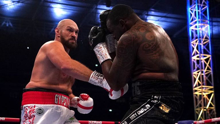 Tyson Fury and Dillian Whyte during the WBC heavyweight title fight at Wembley
