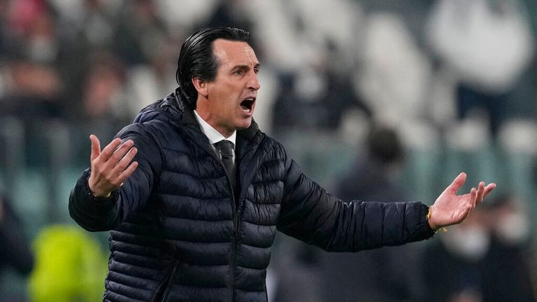 Villarreal&#39;s manager Unai Emery celebrates at the end of the Champions League, round of 16, second leg soccer match between Juventus and Villarreal at the Allianz stadium in Turin, Italy, Wednesday, March 16, 2022. (AP Photo/Antonio Calanni)