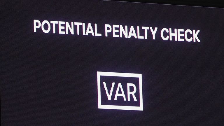 The big screen at Ibrox shows there is a penalty check by VAR during a UEFA Europa League match between Rangers and Red Star Belgrade at Ibrox Stadium