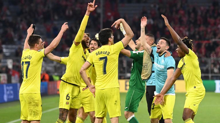 Villarreal celebrate their victory at the Allianz Arena
