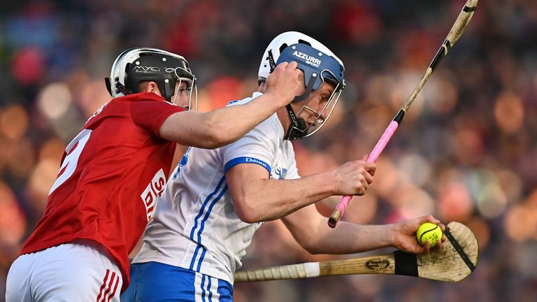 2 April 2022; Stephen Bennett of Waterford in action against Ger Millerick of Cork during the Allianz Hurling League Division 1 Final match between Cork and Waterford at FBD Semple Stadium in Thurles, Tipperary. Photo by E..in Noonan/Sportsfile