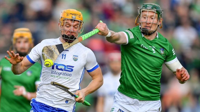 23 April 2022; Jack Prendergast of Waterford is tackled by William O'Donoghue of Limerick during the Munster GAA Hurling Senior Championship Round 2 match between Limerick and Waterford at TUS Gaelic Grounds in Limerick. Photo by Ray McManus/Sportsfile