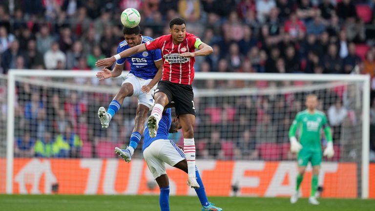 Leicester City&#39;s Wesley Fofana challenges for the ball in the away leg of their Europa Conference League quarter-final against PSV Eindhoven