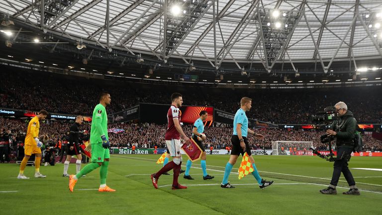 West Ham and Frankfurt players come out of the London Stadium tunnel before kick-off