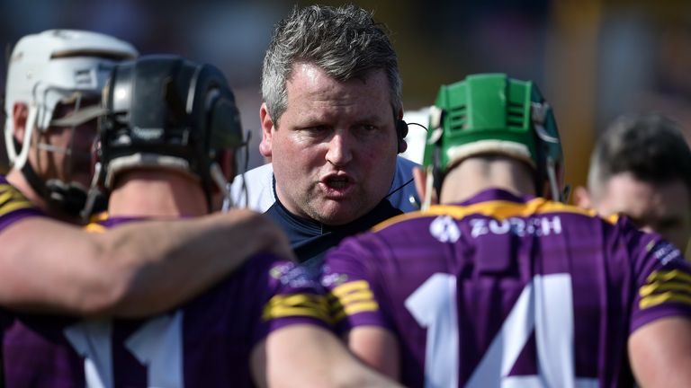 27 March 2022; Wexford manager Darragh Egan speaks to his players ahead of the Allianz Hurling League Division 1 Semi-Final match between Wexford and Waterford at UPMC Nowlan Park in Kilkenny. Photo by Daire Brennan/Sportsfile