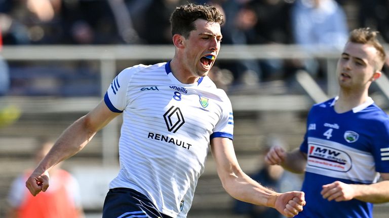 24 April 2022; Pádraig O'Toole of Wicklow celebrates after scoring a point during the Leinster GAA Football Senior Championship Round 1 match between Wicklow and Laois at the County Grounds in Aughrim, Wicklow. Photo by Seb Daly/Sportsfile