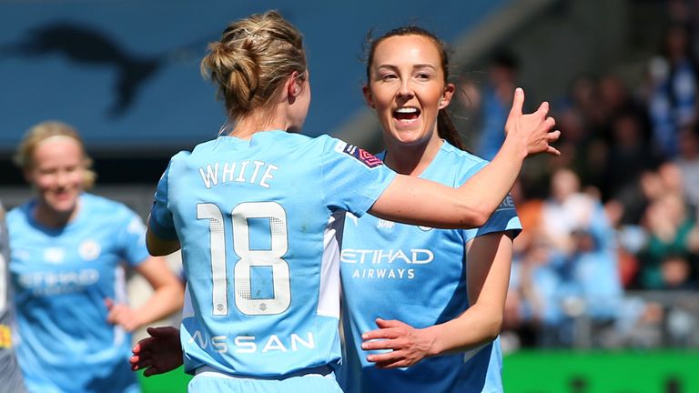 Caroline Weir celebrates her opening goal wit h team-mate Ellen White