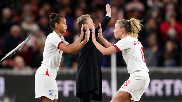 England captain Leah Williamson (right) is replaced by teammate Nikita Parris during the Arnold Clark Cup game at Riverside Stadium, Middlesbrough.  Photo date: Thursday, February 17, 2022.