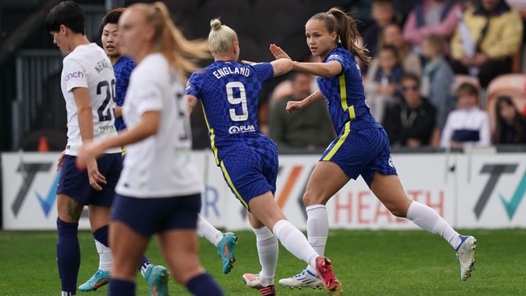Chelsea's Guro Reiten (right) celebrates scoring their side's first goal of the game during the Barclays FA Women's Super League match at The Hive Stadium, London. Picture date: Sunday April 24, 2022.