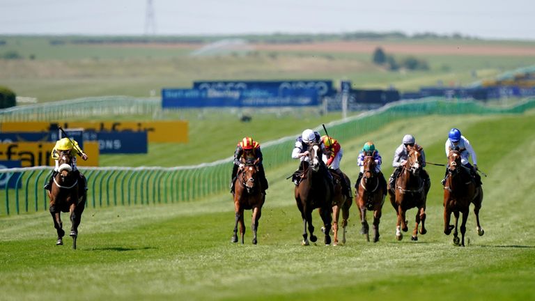 Umm Kulthum ridden by jockey Christophe Soumillon (left) on their way to winning the Read Ryan Moore On Betting.Betfair British EBF Kilvington Stakes on day two of the QIPCO Guineas Festival at Newmarket Racecourse, Newmarket. Picture date: Saturday April 30, 2022.