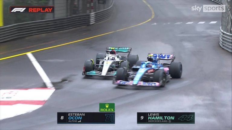 Hamilton and Esteban Ocon come together at Sainte Devote as the Mercedes driver tries to overtake