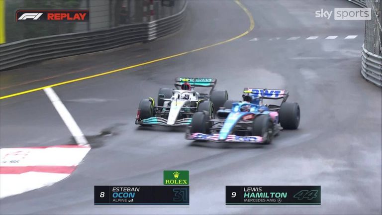 Lewis Hamilton and Esteban Ocon come together at Sainte Devote as the Mercedes driver tries to overtake.