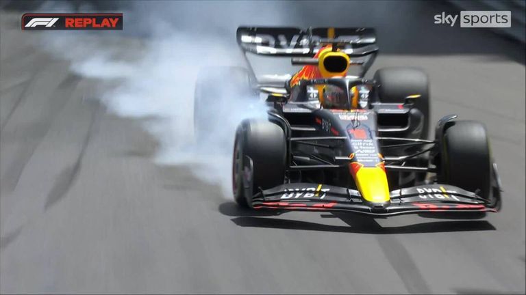Red Bull's Max Verstappen has a big lock up going into turn one causing his front right tyre to smoke in FP1.