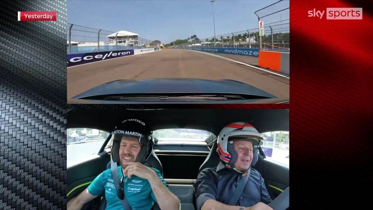 Sebastian Vettel takes Sky Sports' Martin Brundle on a test drive around the Miami race track