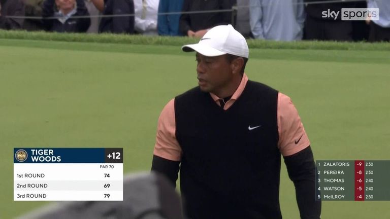 Tiger Woods made a par on the 18th to avoid breaking 80 at Southern Hills on a turbulent Saturday 