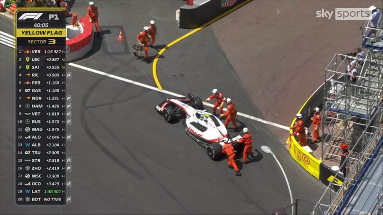 Mick Schumacher blocks the pit lane as his car comes to a halt in FP1 which causes a red flag.