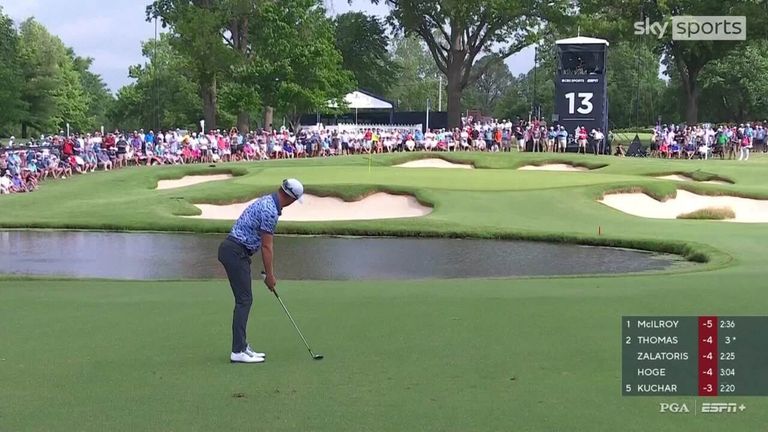 Justin Thomas got to five-under-par alongside Rory McIlroy with a birdie on the par 5 13th hole at Southern Hills in the PGA Championship.