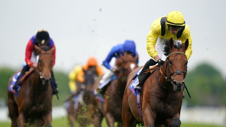Gaassee and Tom Marquand coming home to win the Sky Bet Race To The Ebor Jorvik Handicap during day one of the Dante Festival 2022 at York racecourse. Picture date: Wednesday May 11, 2021.