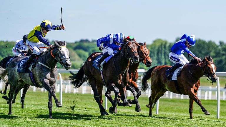 Israr ridden by Jim Crowley (centre) on their way to victory in the BetVictor London Gold Cup at Newbury racecourse. Picture date: Saturday May 14, 2022.