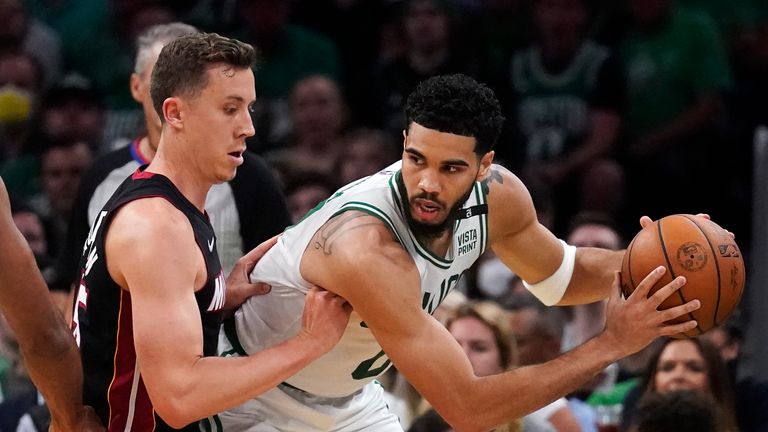 Boston Celtics forward Jayson Tatum, right, prepares to drive against Miami Heat guard Duncan Robinson, left, during the first half of Game 4 of the NBA basketball playoffs Eastern Conference finals, Monday, May 23, 2022, in Boston
