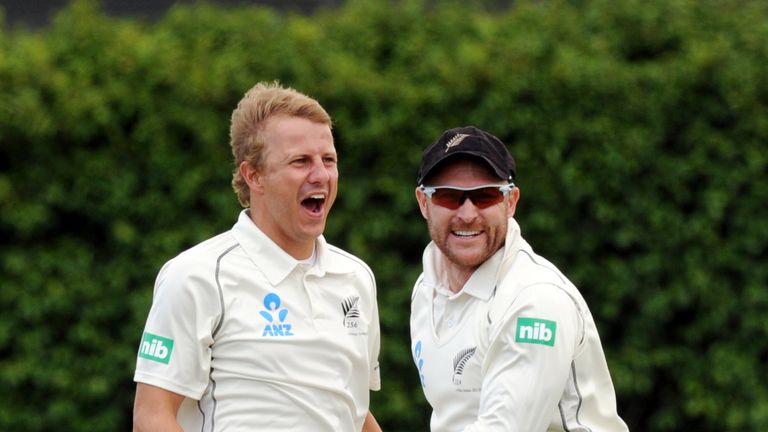 ew Zealand&#39;s Neil Wagner, left, and Brendon McCullum celebrate the wicket of West Indies Shane Shillingford on the third day of the second international cricket match at the Basin Reserve in Wellington, New Zealand, Friday, Dec. 13, 2013.(AP Photo/SNPA, Ross Setford) NEW ZEALAND OUT