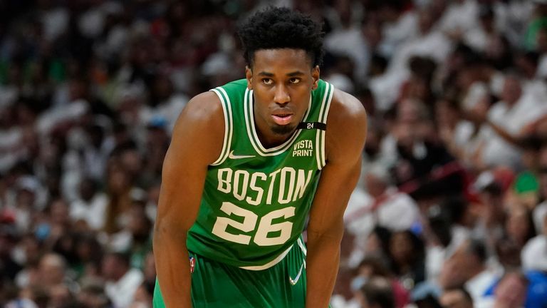 Boston Celtics forward Aaron Nesmith (26) waits on the court during the second half of Game 1 of an NBA basketball Eastern Conference finals playoff series against the Miami Heat, Tuesday, May 17, 2022, in Miami.