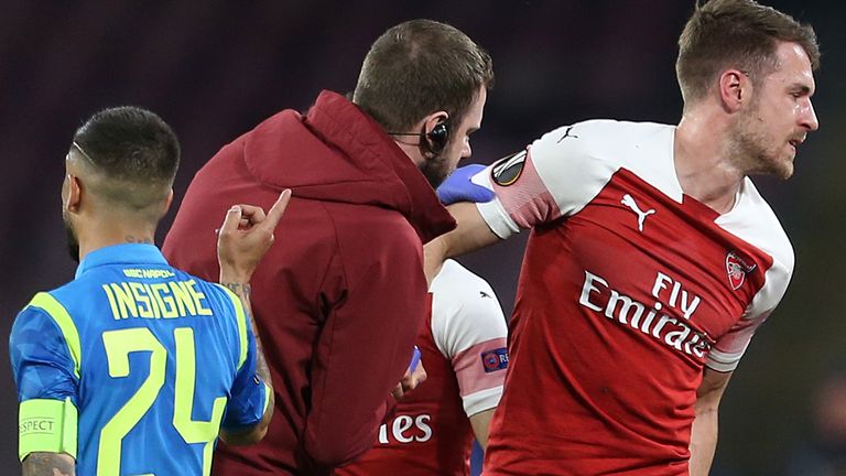 Arsenal's Aaron Ramsey after picking up an injury during the UEFA Europa League quarter final second leg match at the San Paolo Stadium, Naples.